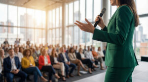 Female speaker in green suit holds microphone gesturing to large diverse seated audience at corporate conference in hall. Business keynote presentation and public speaking leadership event at