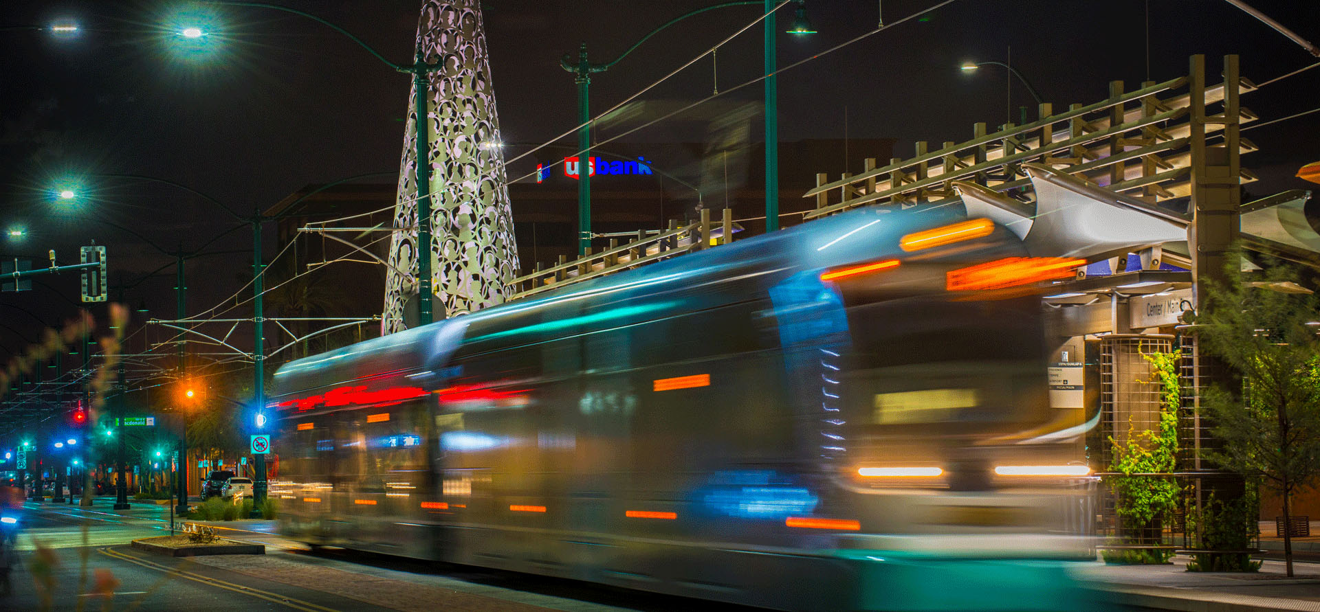 Valley Metro Rail streetcar passing quickly at night